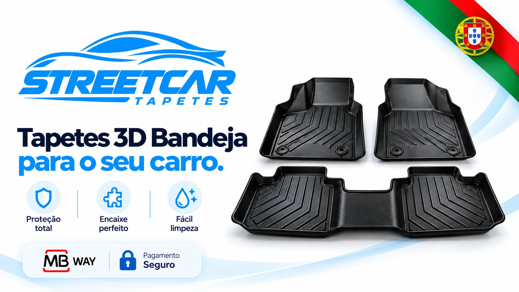StreetCar Tapetes: tapetes 3D bandeja para o seu carro, pagamento seguro com MB WAY